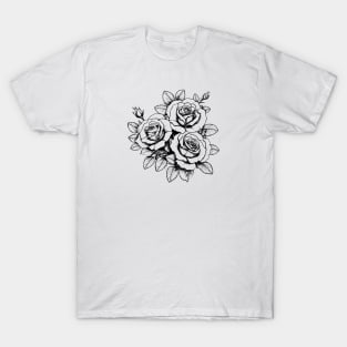 Rose Flowers Black and White Illustration T-Shirt